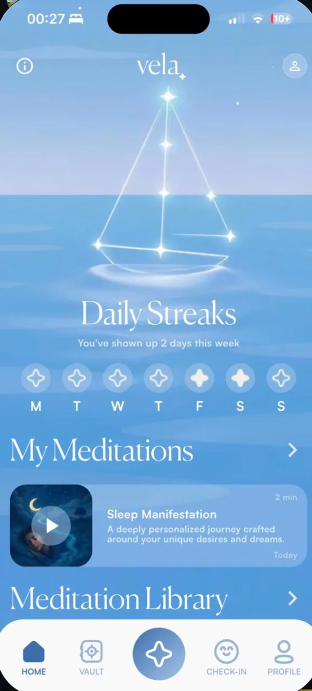 Vela — home · daily streaks