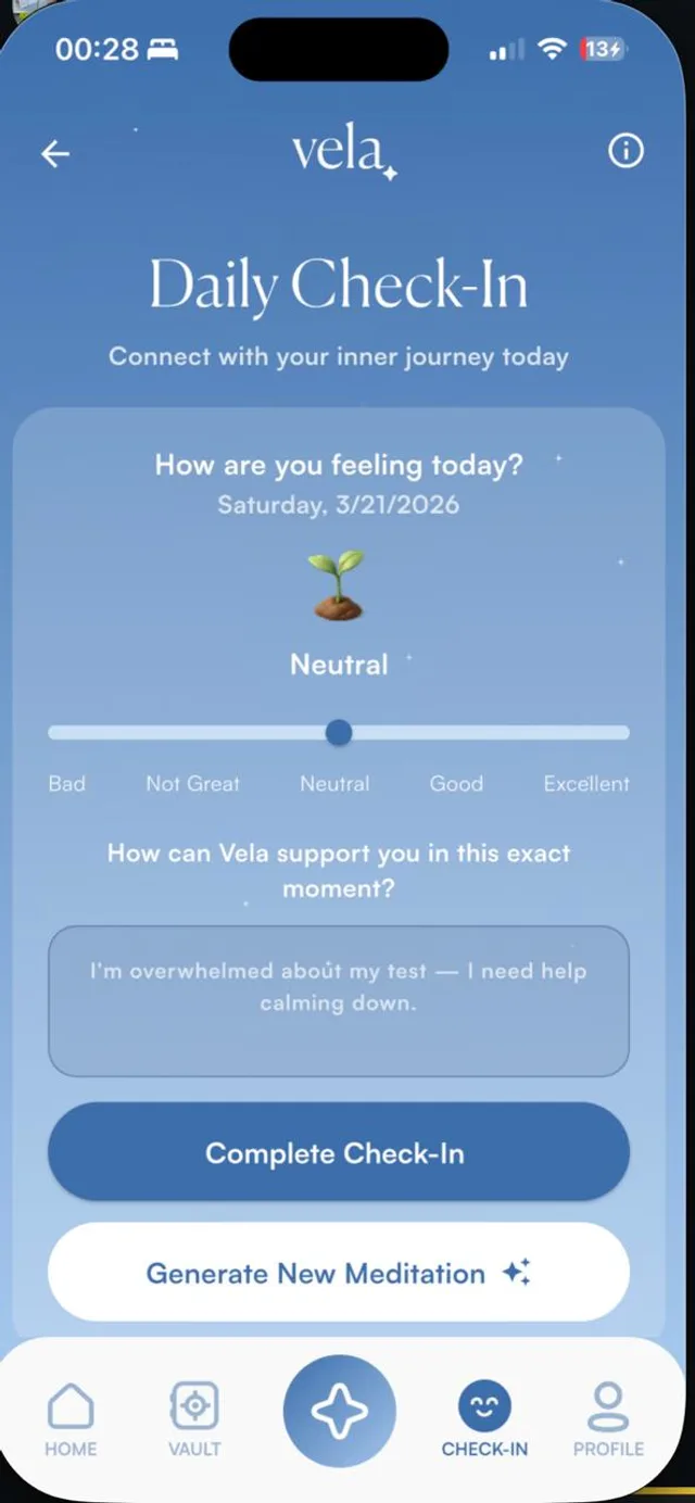 Vela daily check-in screen